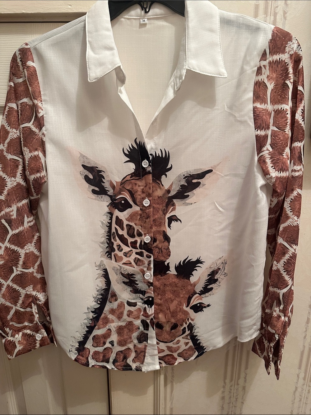 Source Unknown White Blouse with Brown Giraffe Print